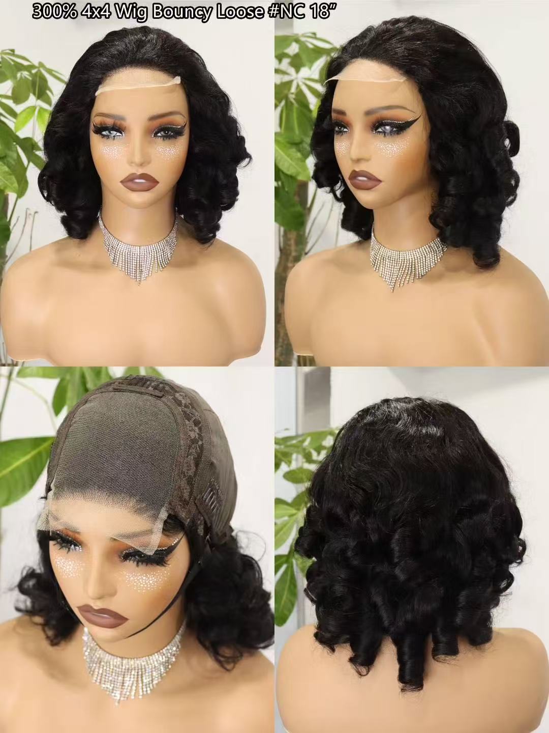 4x4 18inches bouncy loose texture Super Double Drawn 300% Density Human Hair Lace Wig
