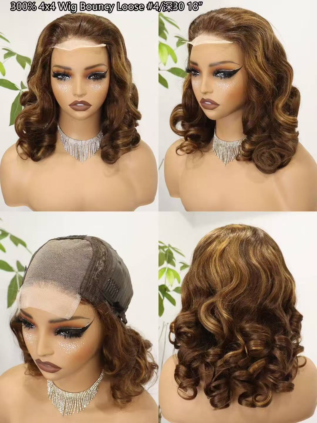 4x4 18inches bouncy loose texture Super Double Drawn 300% Density Human Hair Lace Wig Pink Gray 4/30 P613/18