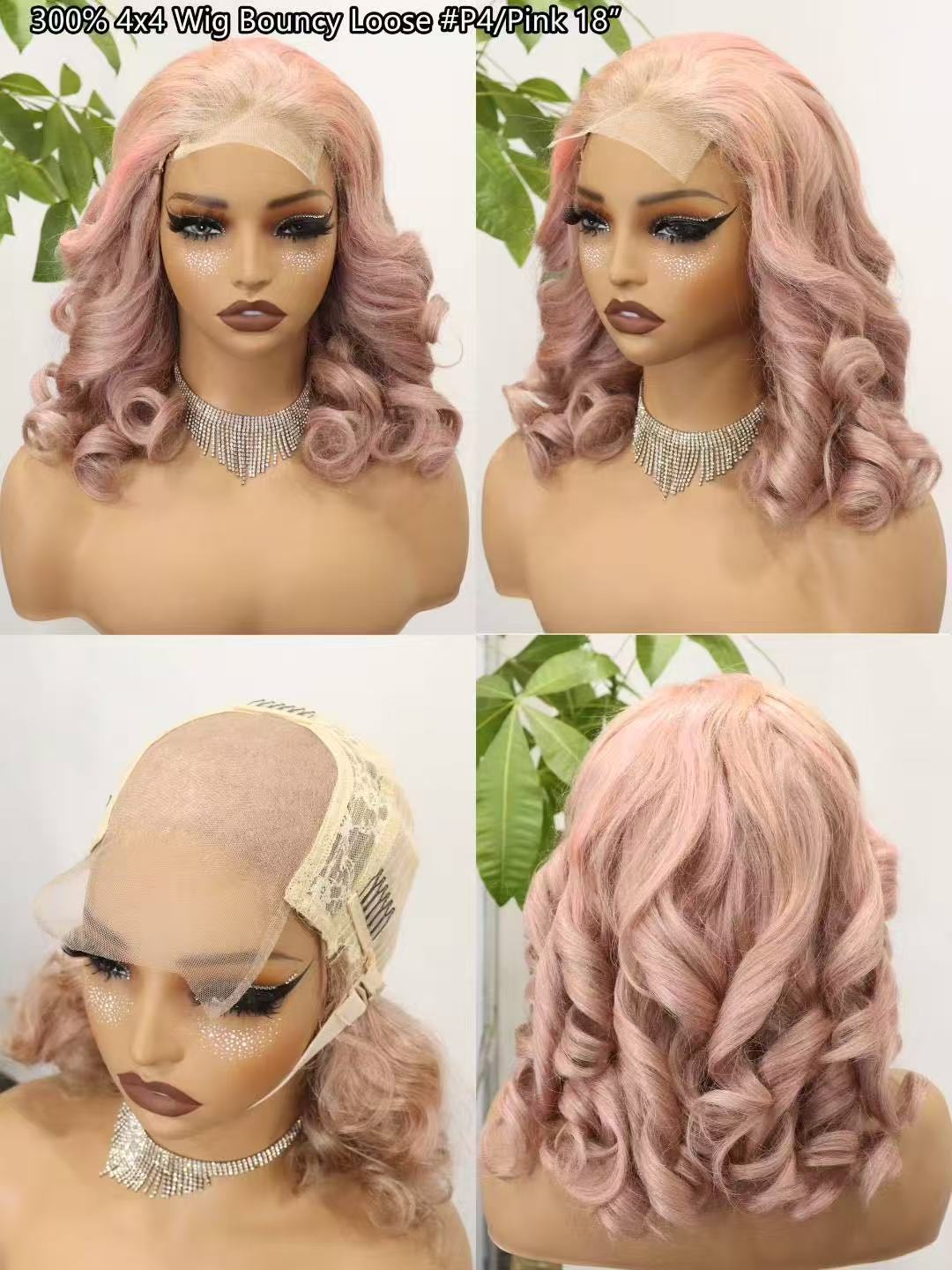 4x4 18inches bouncy loose texture Super Double Drawn 300% Density Human Hair Lace Wig Pink Gray 4/30 P613/18