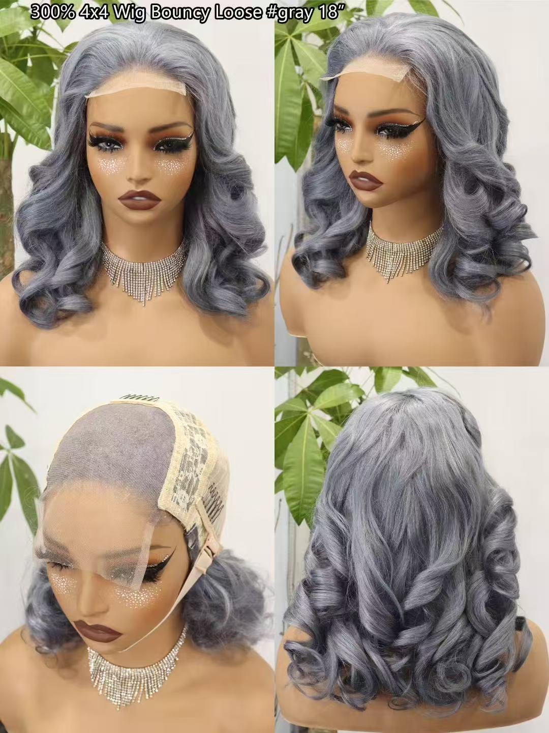 4x4 18inches bouncy loose texture Super Double Drawn 300% Density Human Hair Lace Wig Pink Gray 4/30 P613/18
