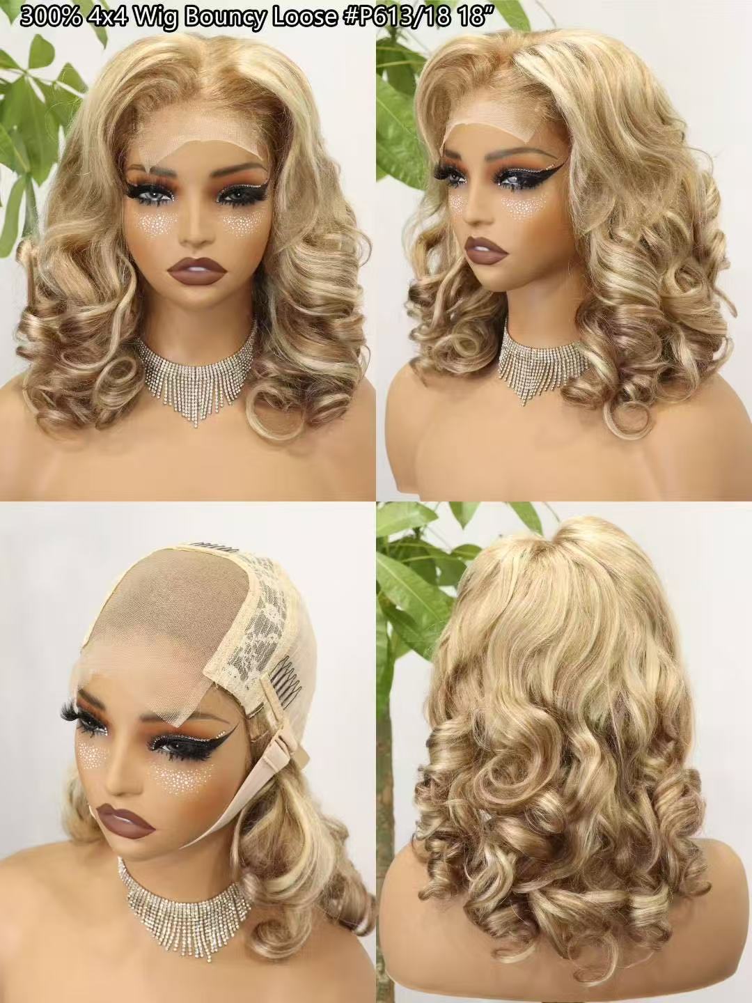 4x4 18inches bouncy loose texture Super Double Drawn 300% Density Human Hair Lace Wig Pink Gray 4/30 P613/18