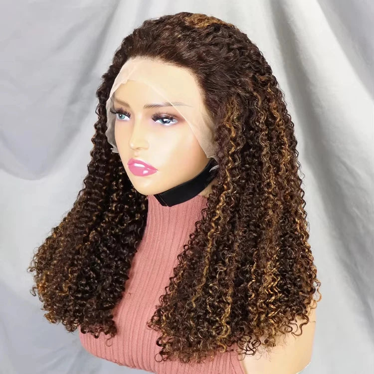 300% density Highlight Color Human Hair Wigs for Black Women Pixie Curly Lace Frontal Wigs Raw Cambodian Super Double Drawn Wig