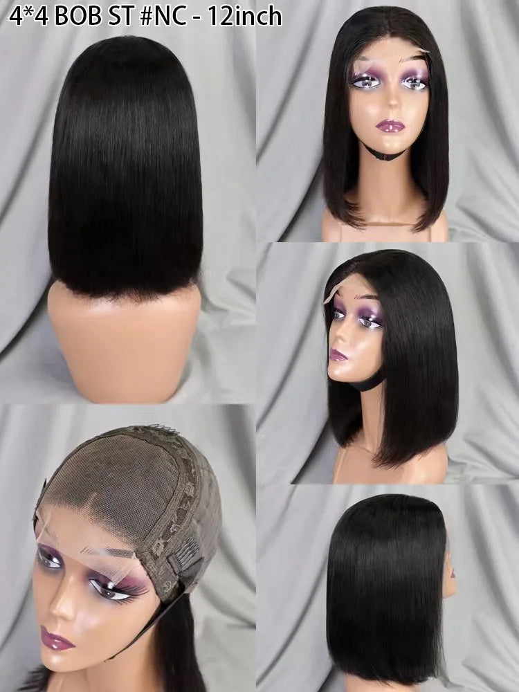 12-Inch 4x4 Closure Bob Wig with High-Density 100% Human Hair Available in Different Colors