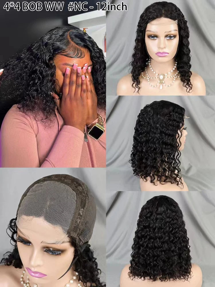 High-Density 4x4 Closure Bob Wig with Water Wave Style Available in Various Colors Category Human Hair Wigs