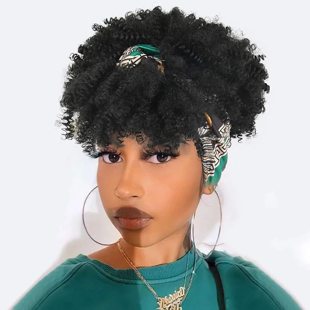 Headband Wigs with Bangs AFRO CURLY Natural Hair for Black Women Ombre Brown 100% human hair Wig