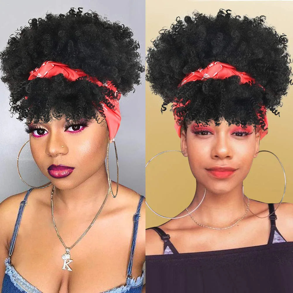 Headband Wigs with Bangs AFRO CURLY Natural Hair for Black Women Ombre Brown 100% human hair Wig