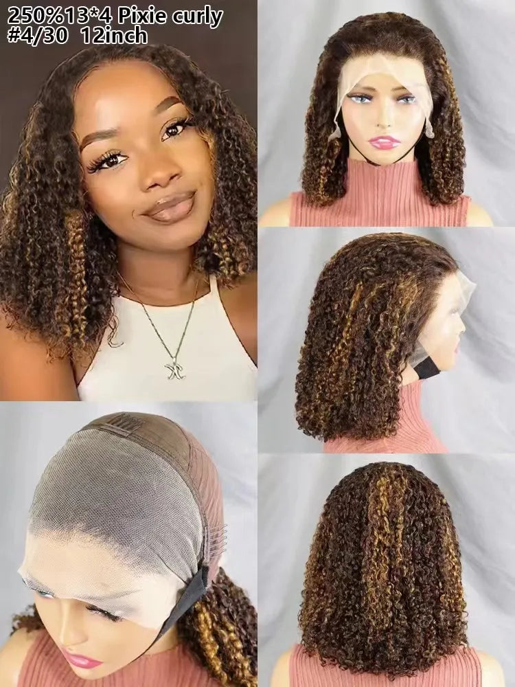 300% density Highlight Color Human Hair Wigs for Black Women Pixie Curly Lace Frontal Wigs Raw Cambodian Super Double Drawn Wig