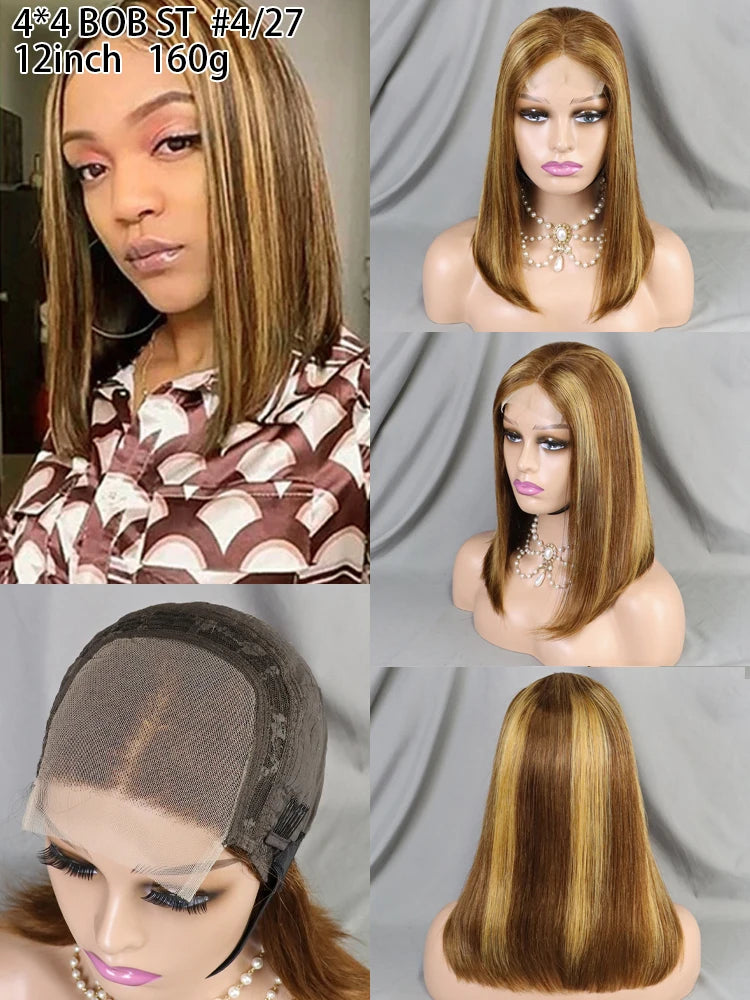 12-Inch 4x4 Closure Bob Wig with High-Density 100% Human Hair Available in Different Colors