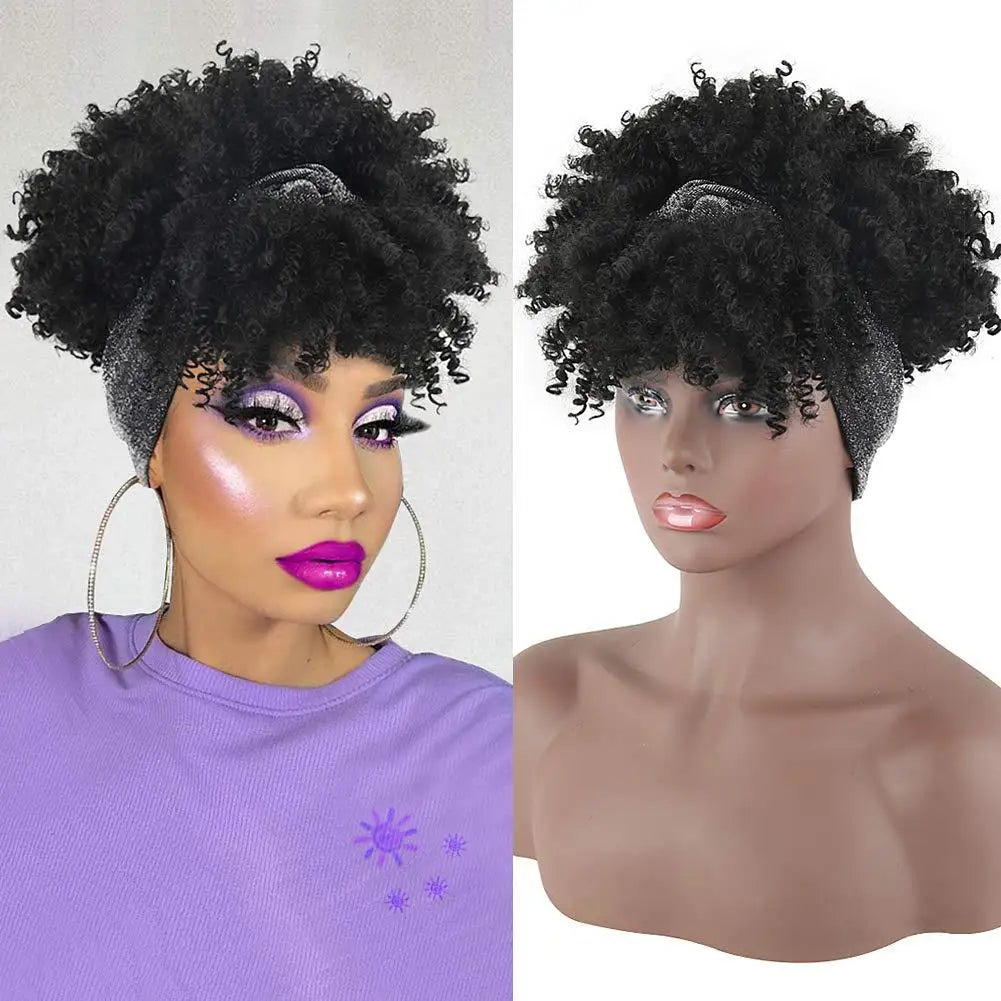 Headband Wigs with Bangs AFRO CURLY Natural Hair for Black Women Ombre Brown 100% human hair Wig