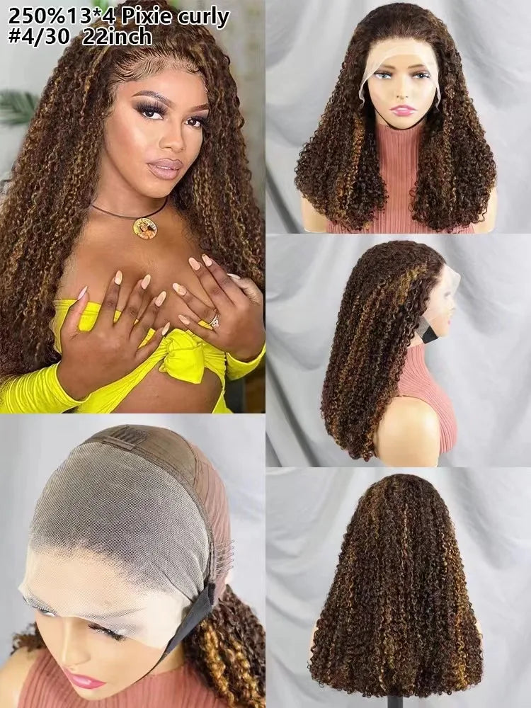 300% density Highlight Color Human Hair Wigs for Black Women Pixie Curly Lace Frontal Wigs Raw Cambodian Super Double Drawn Wig