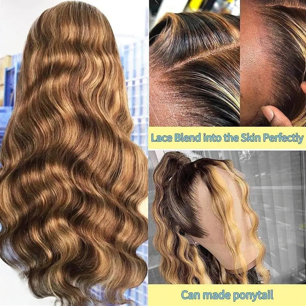 220% Cheap Price Transparent P4/27 Body wave 13*4 Full Lace Front Wig,Ombre Brown Wigs,Honey Blond Highlight 4/27 Human Hair Wig