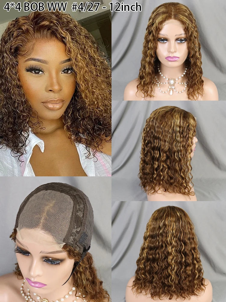High-Density 4x4 Closure Bob Wig with Water Wave Style Available in Various Colors Category Human Hair Wigs