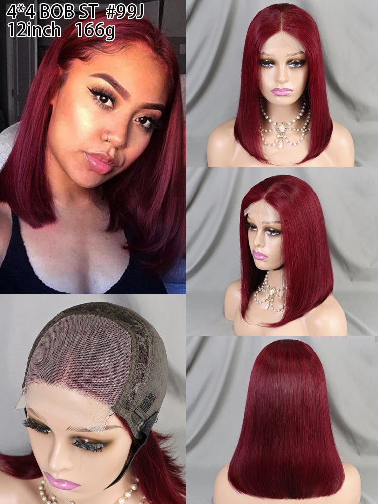 12-Inch 4x4 Closure Bob Wig with High-Density 100% Human Hair Available in Different Colors