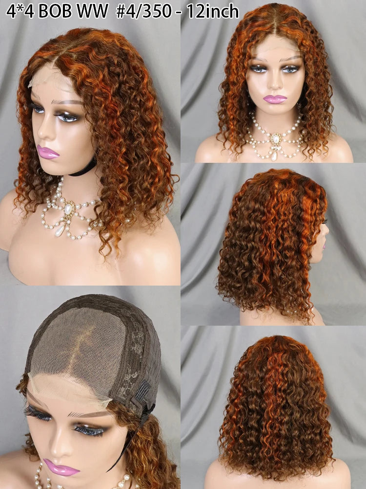High-Density 4x4 Closure Bob Wig with Water Wave Style Available in Various Colors Category Human Hair Wigs