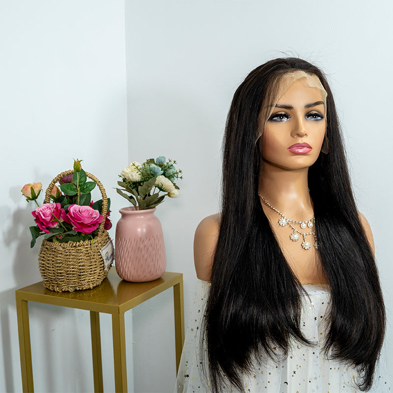 Human hair 13x4 closure frontal lace wig super double drawn quality 180%density straight wig