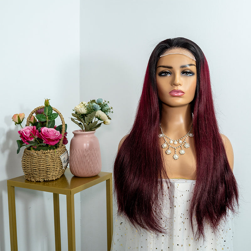 Human 13x4 closure lace wig super double drawn quality 1b 99j color 250% density human hair wig