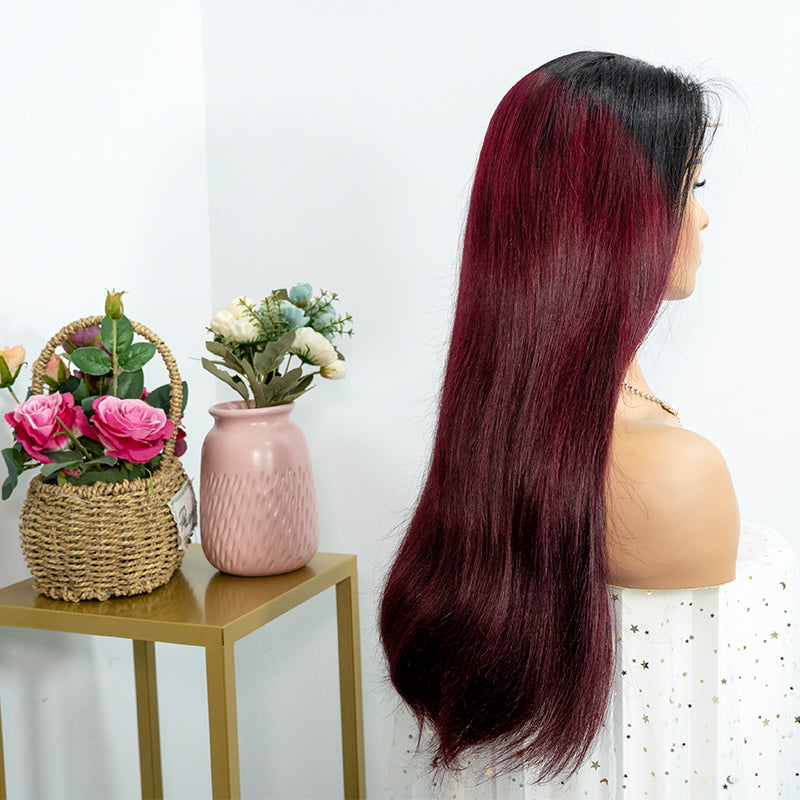 Human 13x4 closure lace wig super double drawn quality 1b 99j color 250% density human hair wig
