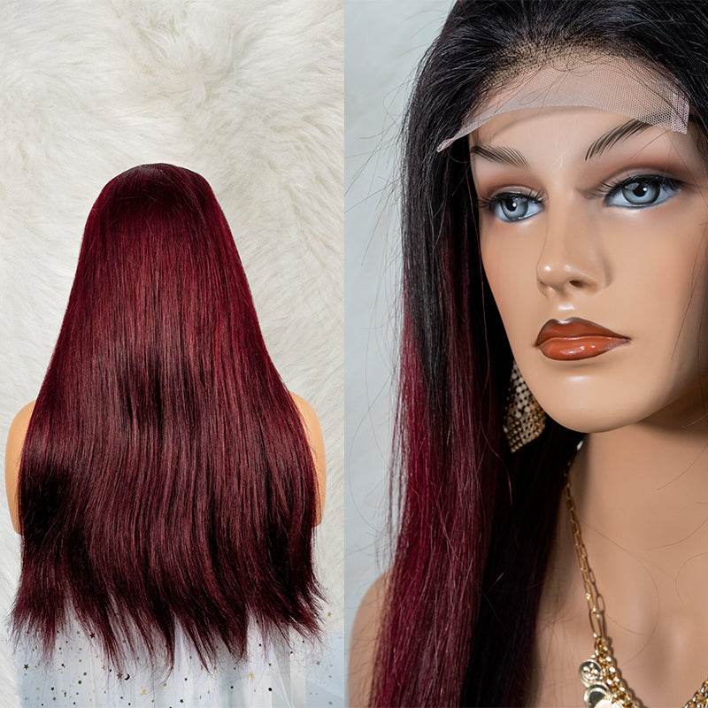 Human 13x4 closure lace wig super double drawn quality 1b 99j color 250% density human hair wig
