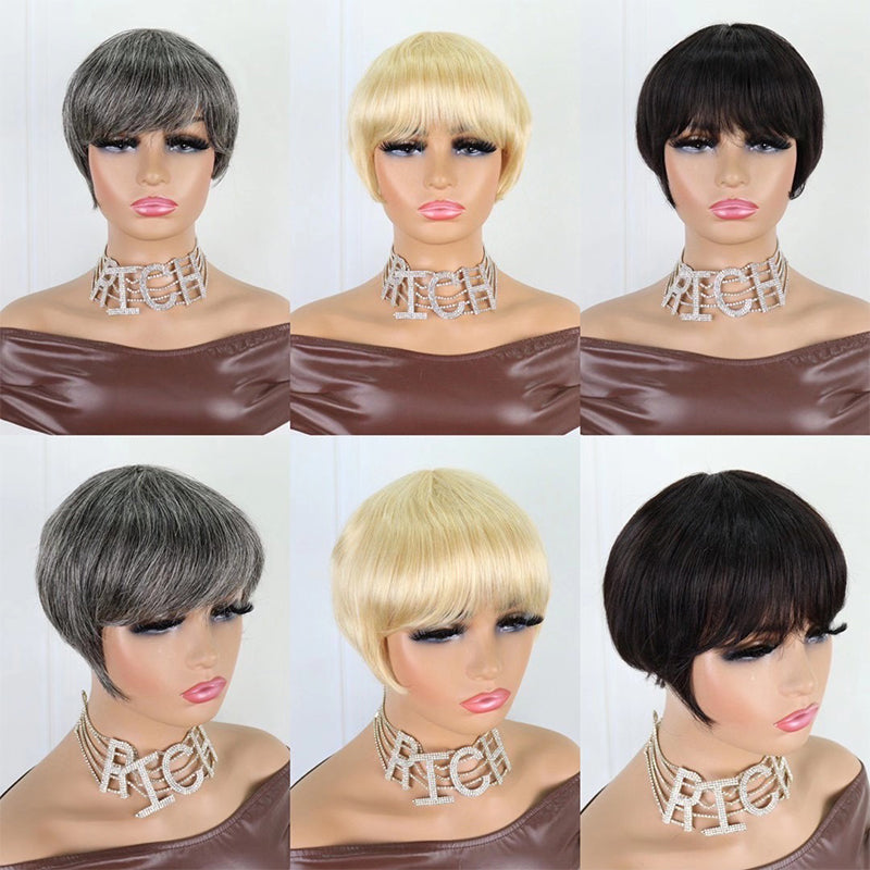 Human Hair Pixie Cut Wigs Short Bob Wig machine Made Straight Wig for summer