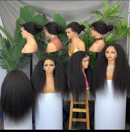 Kinky Straight OQ hair Invisi Strap wear & go 360 Full Lace Glueless Wig Drawstring Human Hair Wigs Pre Cut adjustable cap