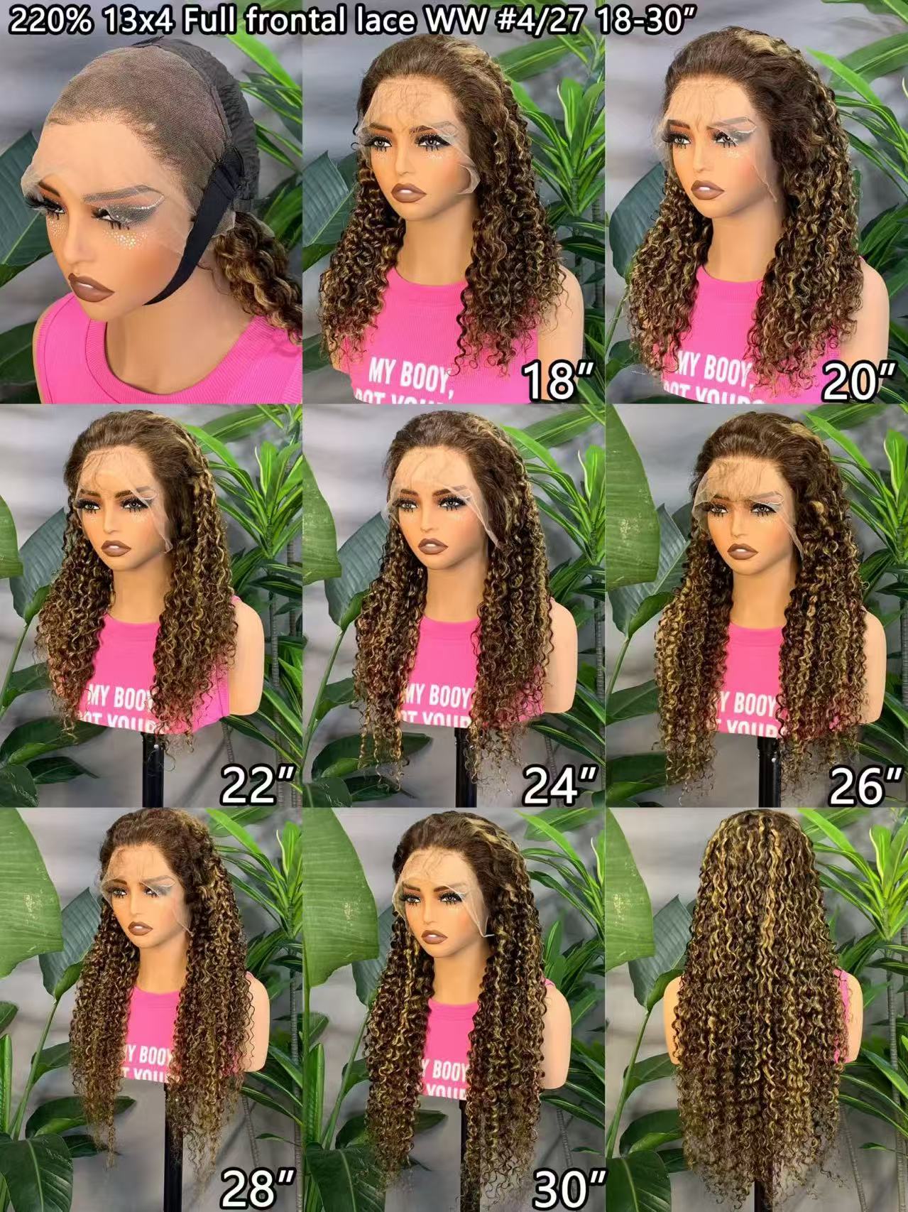 Highlight 220% Human Hair Lace Front WigsWater Wave #4/27 Ombre Colored Glueless Wigs Pre Plucked 30 Inch 13x4 Transparent Curly Wig