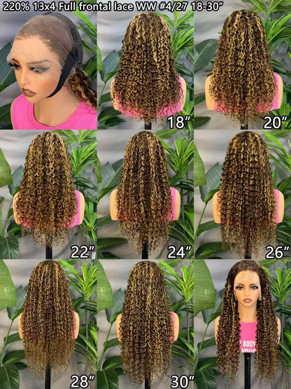 Highlight 220% Human Hair Lace Front WigsWater Wave #4/27 Ombre Colored Glueless Wigs Pre Plucked 30 Inch 13x4 Transparent Curly Wig