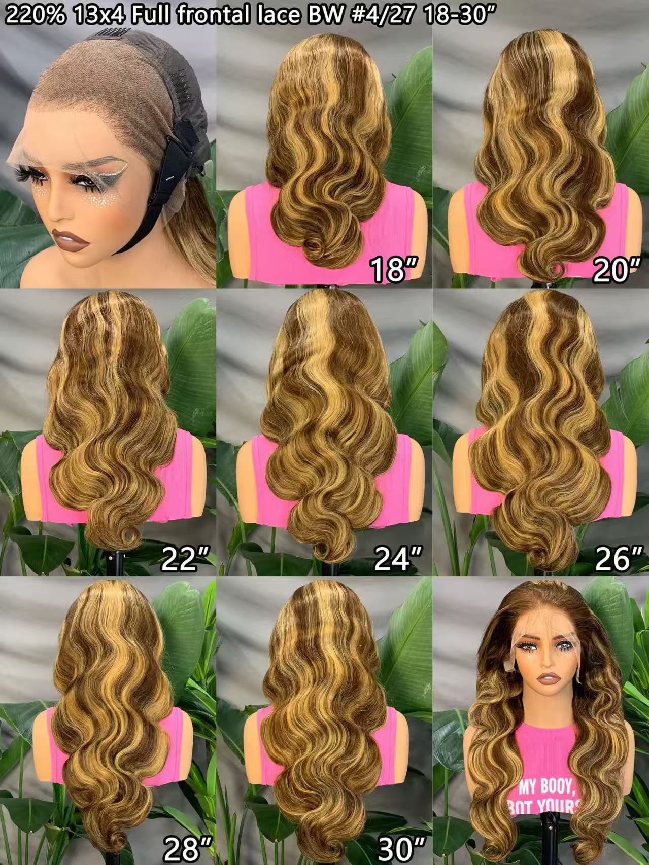 220% Cheap Price Transparent P4/27 Body wave 13*4 Full Lace Front Wig,Ombre Brown  Wigs,Honey Blond Highlight 4/27 Human Hair Wig