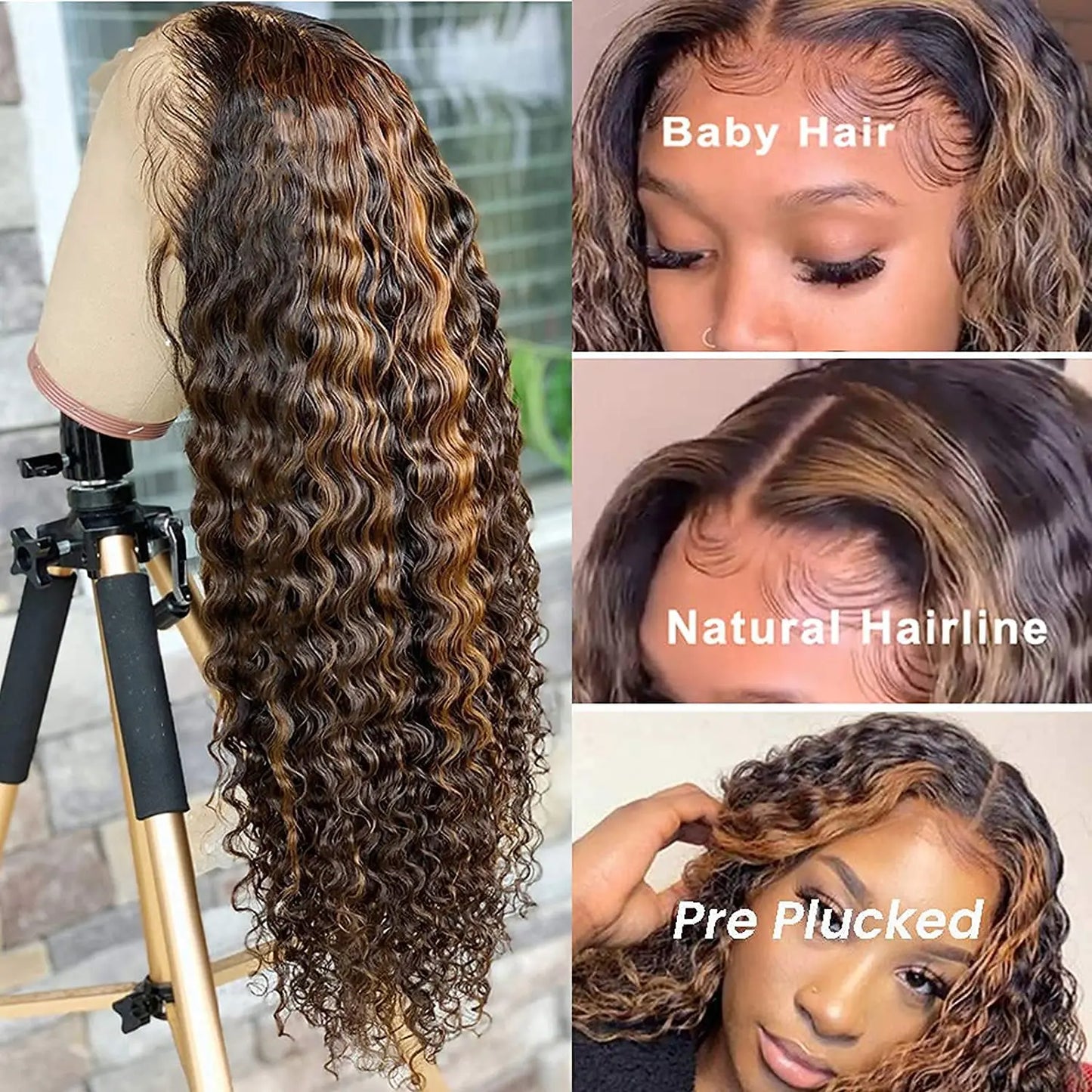 Highlight 220% Human Hair Lace Front WigsWater Wave #4/27 Ombre Colored Glueless Wigs Pre Plucked 30 Inch 13x4 Transparent Curly Wig