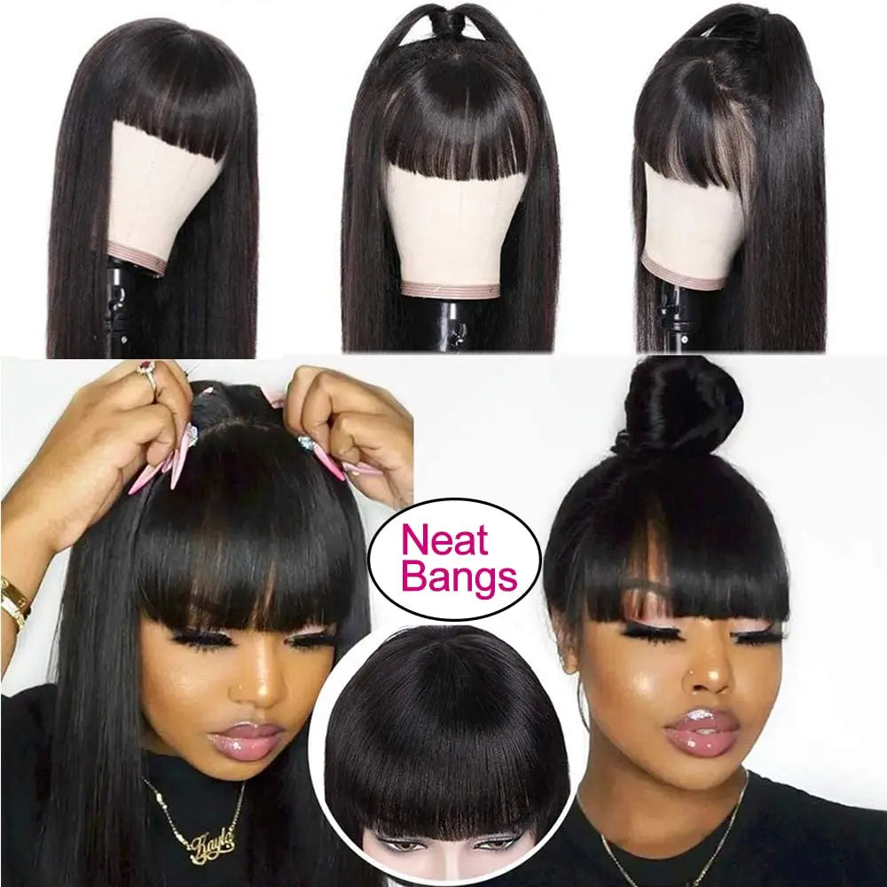 Brazilian Long Human Hair Wigs With Bangs Natural Color Straight for Black Women Human Hair 250% 4x4 closure wig Full Bangs Wigs 18inch to 34inch