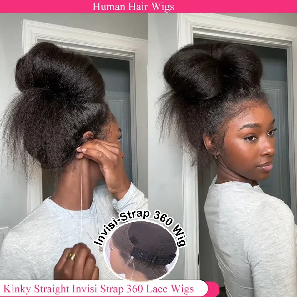 Kinky Straight OQ hair Invisi Strap wear & go 360 Full Lace Glueless Wig Drawstring Human Hair Wigs Pre Cut adjustable cap