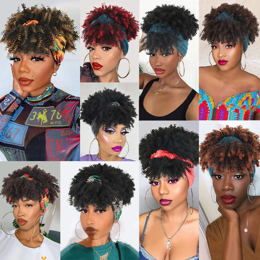 Headband Wigs with Bangs AFRO CURLY Natural Hair for Black Women Ombre Brown 100% human hair Wig