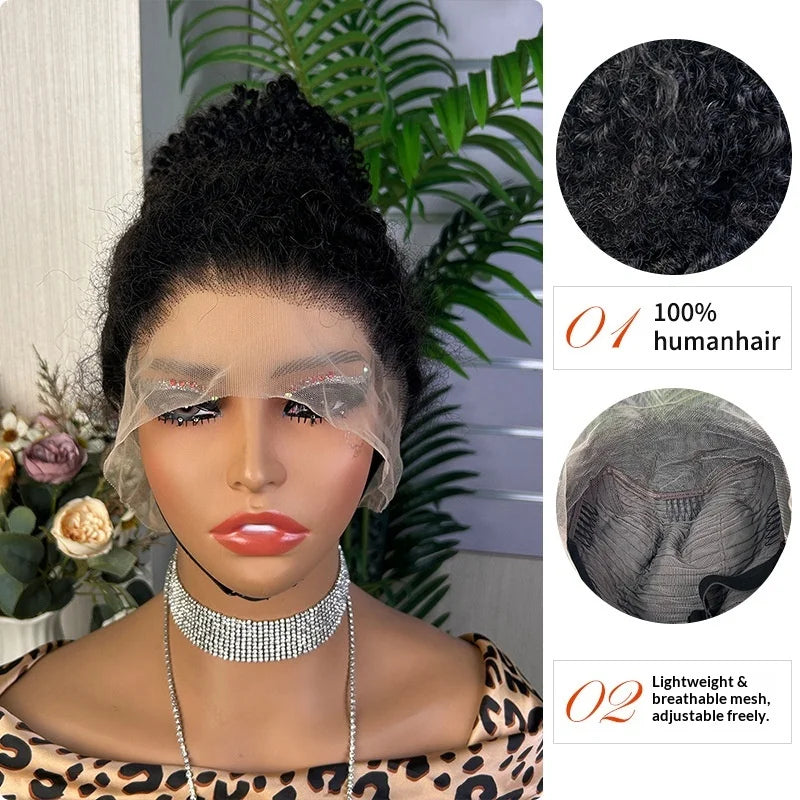 360 Ball Head Round Bun Full Lace Wig afro curly Vietnamese hair Fully Handwoven 14 16 18inch with hidden strap and Gluless wig wear&go wig