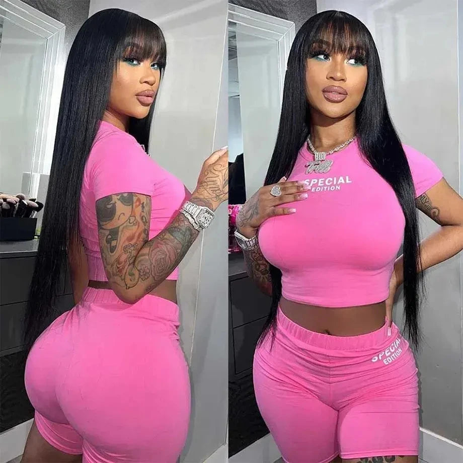 4x4 250% Cheap Double Drawn Bone Straight Glueless Wig With Fringe Raw Vietnamese Human Hair Wigs Smooth Straight Wigs With Bang