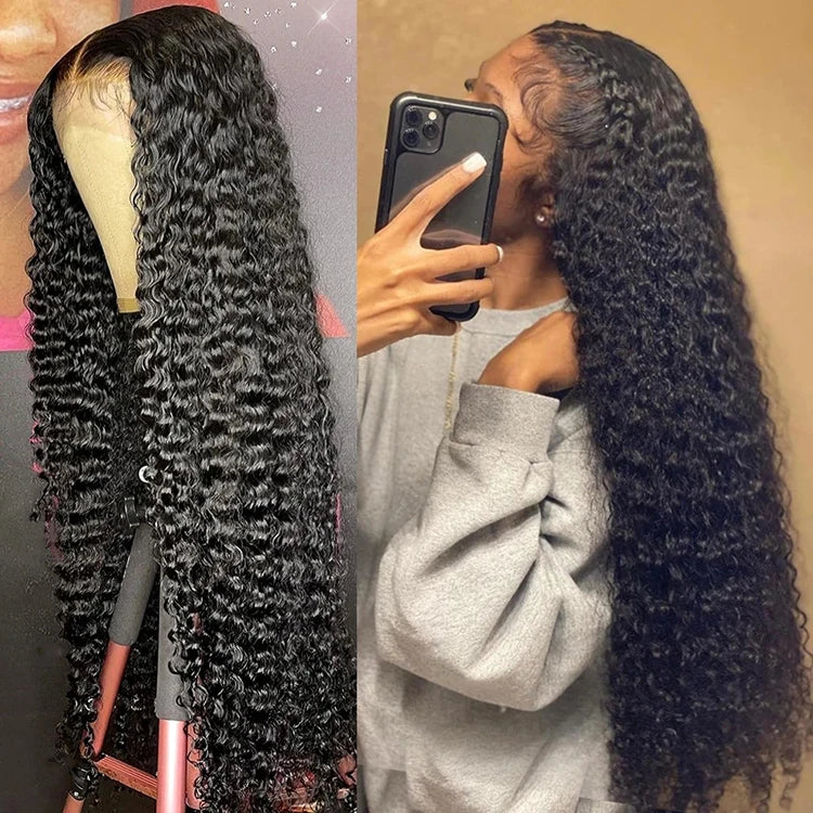 30Inch Raw Indian water body Deep Wave Wig Gluless 13*4 Full front Lace Human Hair Wig 220 Density Natural color