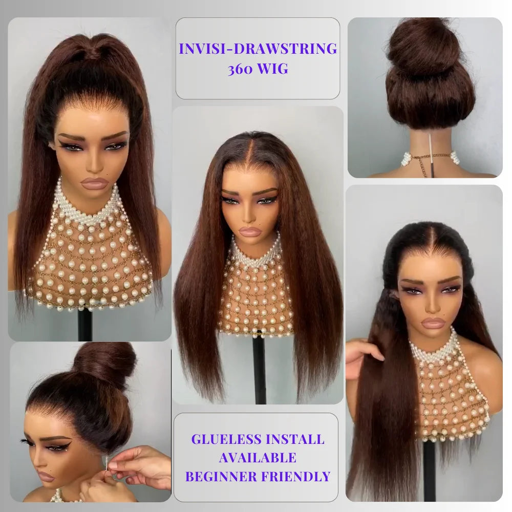 Yaki 360 Lace Front Wigs 22inch 250% Human Hair Invisi Drawstring Pre Bleached Pre Cut Lace Pre Plucked Human Hair Wigs for Black Women