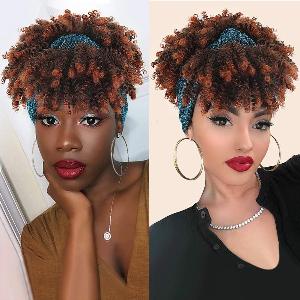 Headband Wigs with Bangs AFRO CURLY Natural Hair for Black Women Ombre Brown 100% human hair Wig