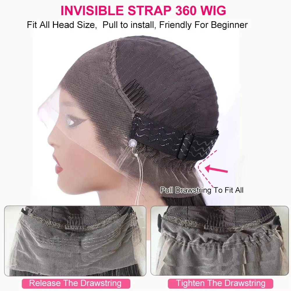 250 Density 22inch 26inch Invisi Strap 360 Full Lace Glueless Wig Invisible Drawstring Frontal Wig Kinky Straight Lace Front Human Hair