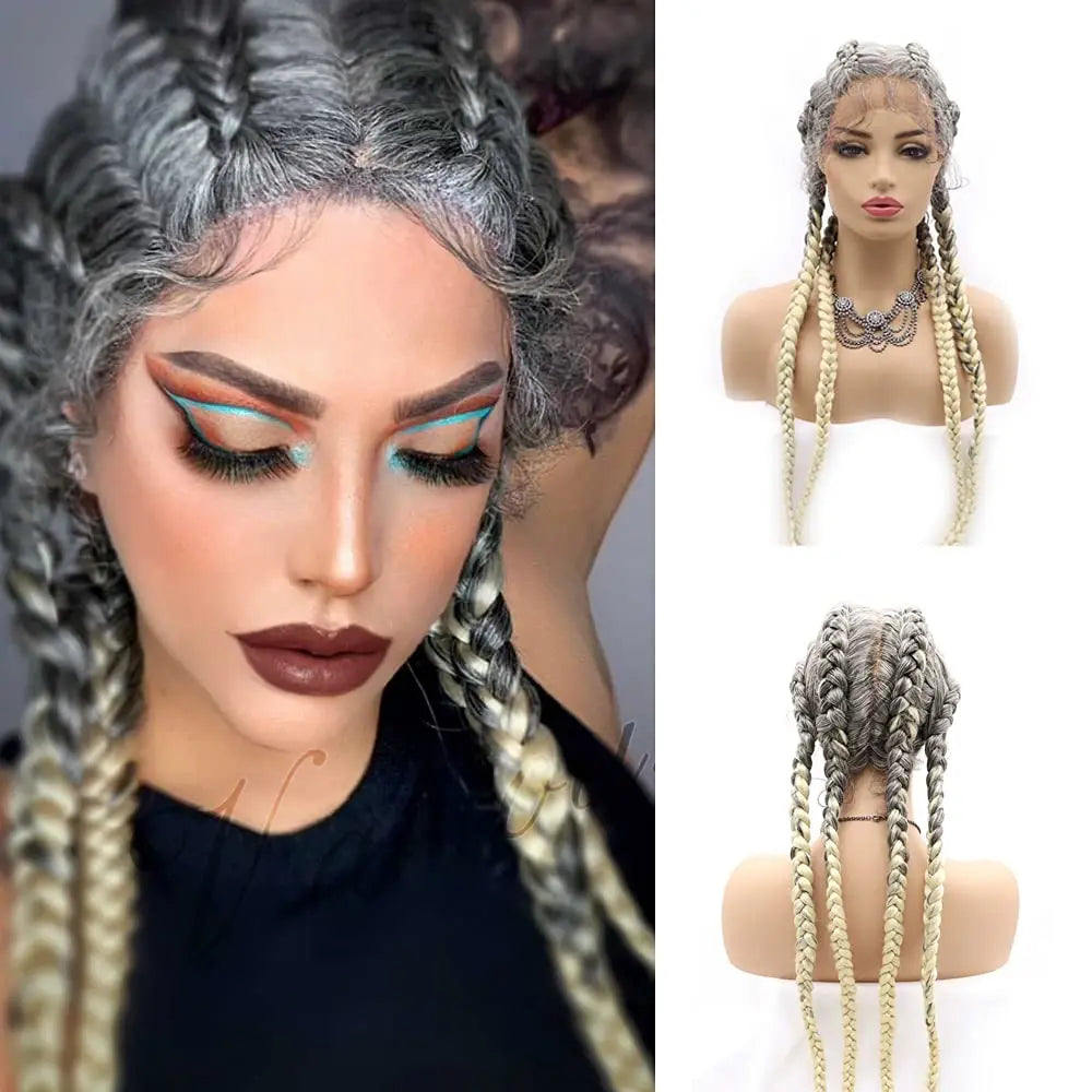 Novelties Hand Braided Synthetic Lace Front Box Braided Wigs with 360 Swiss Lace Front Double Dutch Braid Wig for Black Woman