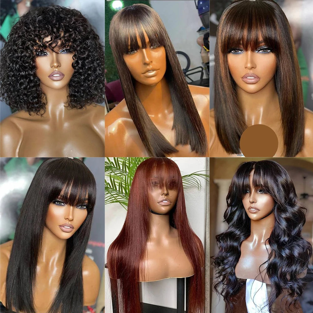 Brazilian Long Human Hair Wigs With Bangs Natural Color Straight for Black Women Human Hair 250% 4x4 closure wig Full Bangs Wigs 18inch to 34inch