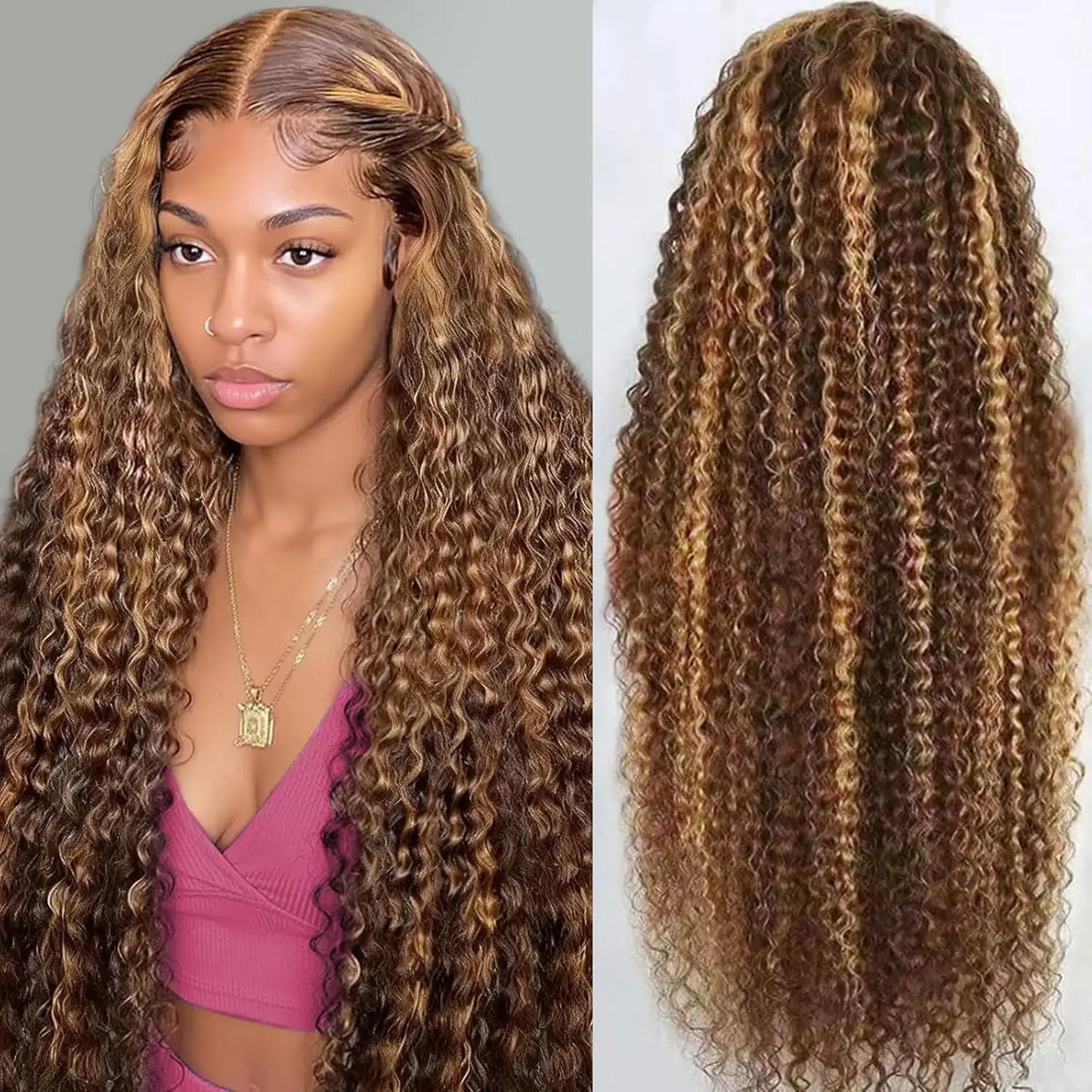 Highlight 220% Human Hair Lace Front WigsWater Wave #4/27 Ombre Colored Glueless Wigs Pre Plucked 30 Inch 13x4 Transparent Curly Wig