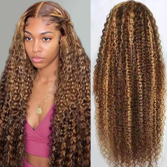 Highlight 220% Human Hair Lace Front WigsWater Wave #4/27 Ombre Colored Glueless Wigs Pre Plucked 30 Inch 13x4 Transparent Curly Wig