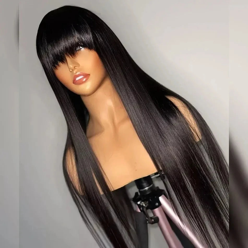 4x4 250% Cheap Double Drawn Bone Straight Glueless Wig With Fringe Raw Vietnamese Human Hair Wigs Smooth Straight Wigs With Bang