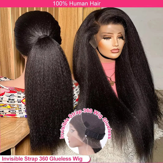 250 Density 22inch 26inch Invisi Strap 360 Full Lace Glueless Wig Invisible Drawstring Frontal Wig Kinky Straight Lace Front Human Hair
