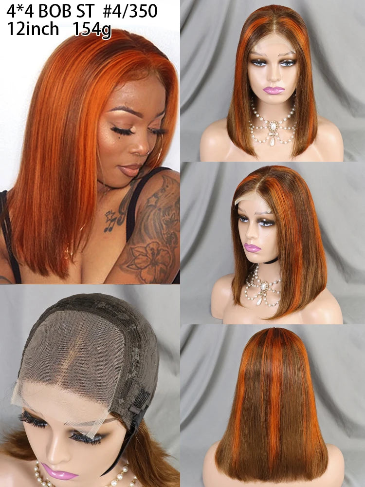 12-Inch 4x4 Closure Bob Wig with High-Density 100% Human Hair Available in Different Colors