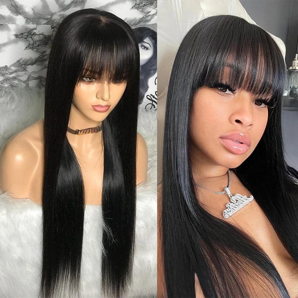 Brazilian Long Human Hair Wigs With Bangs Natural Color Straight for Black Women Human Hair 250% 4x4 closure wig Full Bangs Wigs 18inch to 34inch