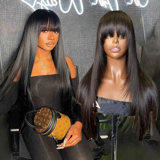 Brazilian Long Human Hair Wigs With Bangs Natural Color Straight for Black Women Human Hair 250% 4x4 closure wig Full Bangs Wigs 18inch to 34inch