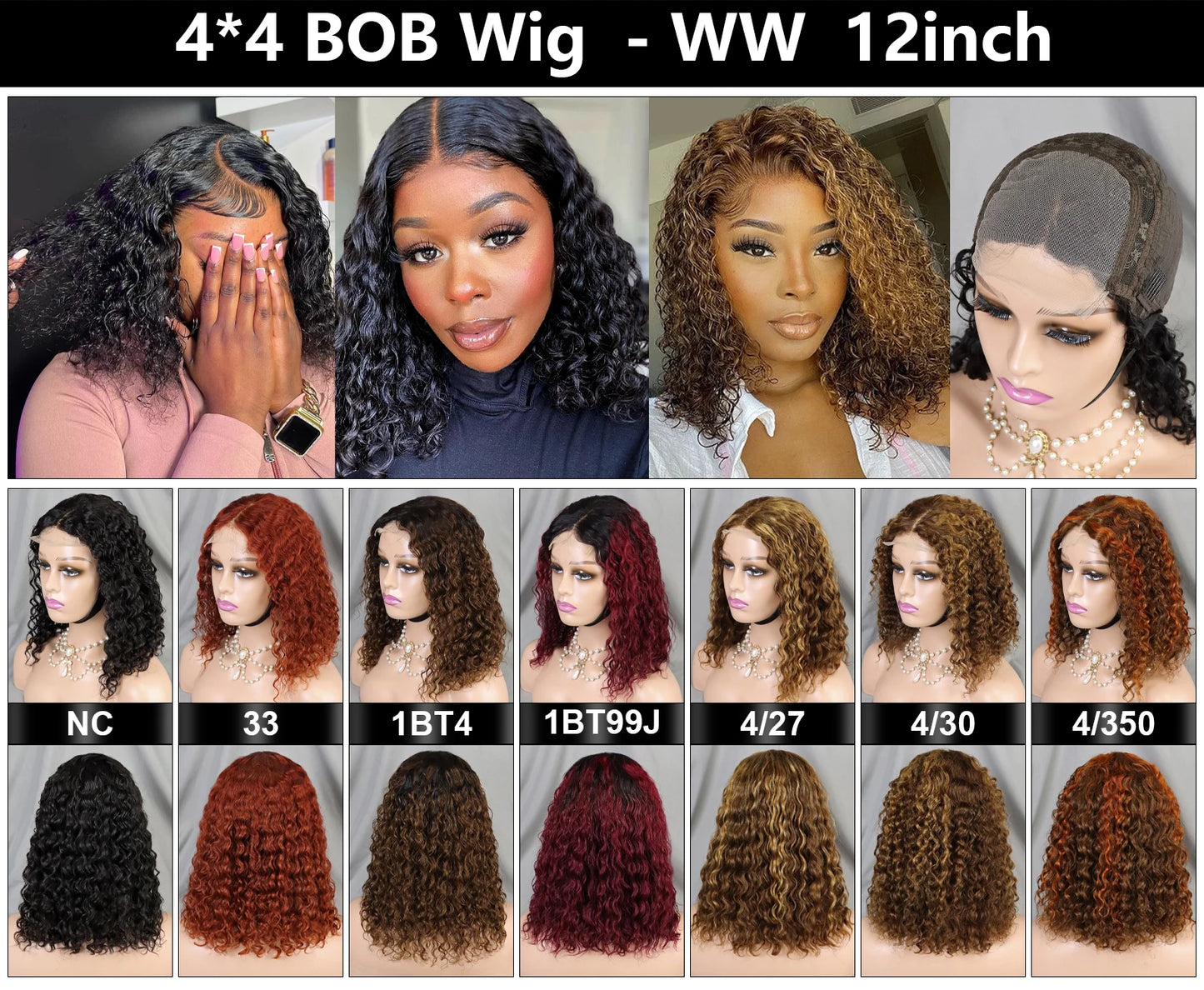 High-Density 4x4 Closure Bob Wig with Water Wave Style Available in Various Colors Category Human Hair Wigs