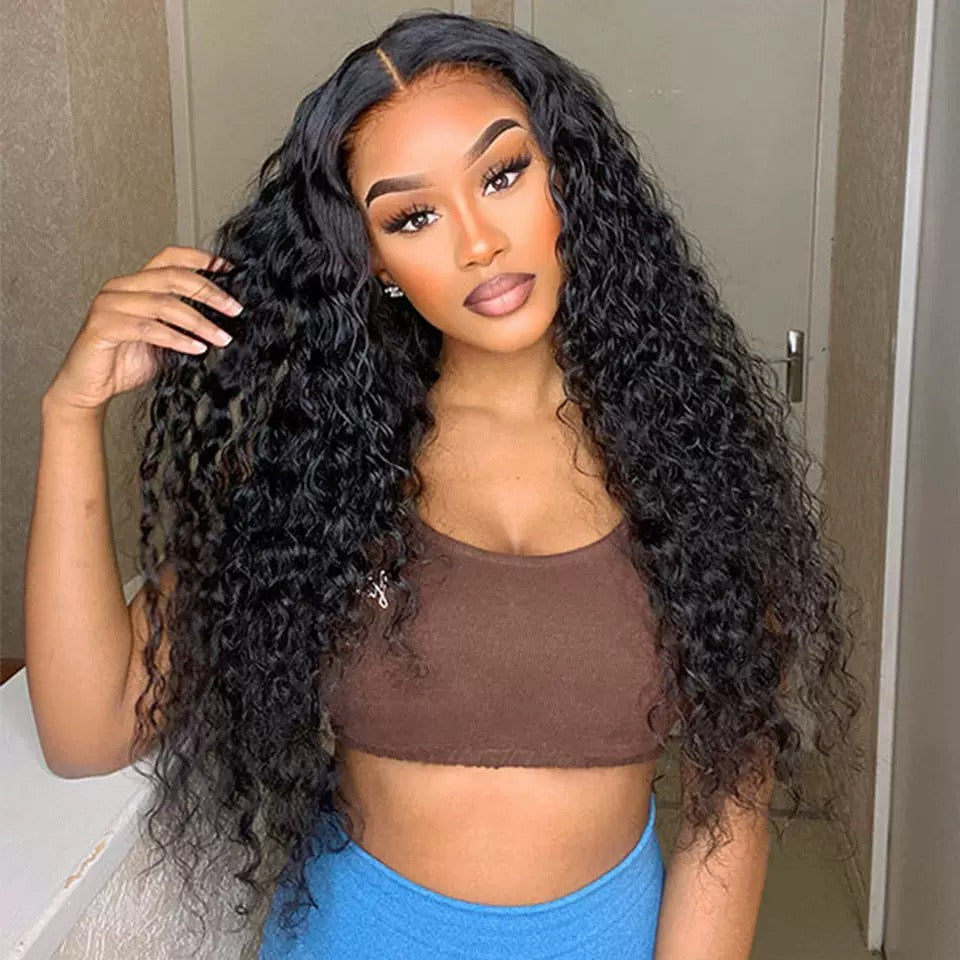 30Inch Raw Indian water body Deep Wave Wig Gluless 13*4 Full front Lace Human Hair Wig 220 Density Natural color