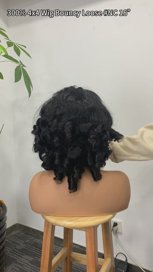 4x4 18inches bouncy loose texture Super Double Drawn 300% Density Human Hair Lace Wig