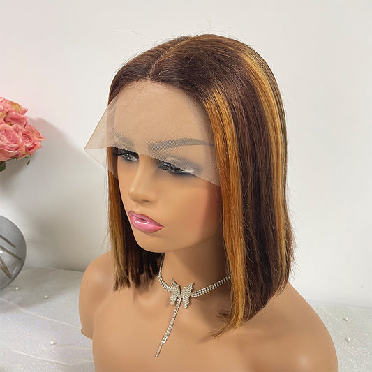 Wholesale Transparent HD 4x4 8-16 Inches Highlight Color Straight Bob Human Hair Lace Frontal Wigs